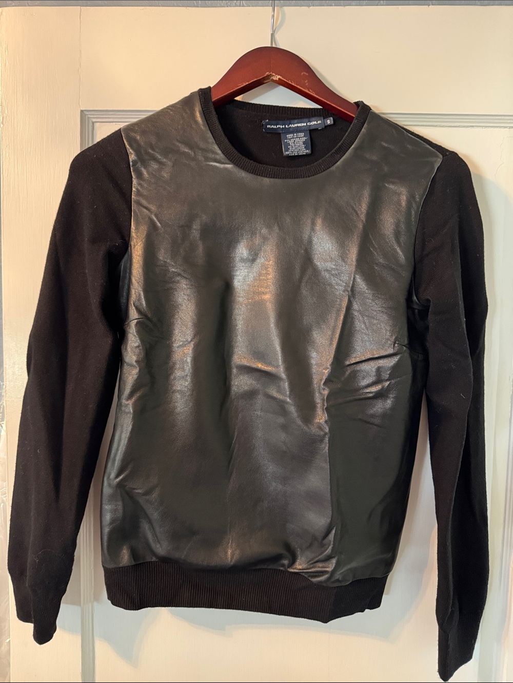 Ralph Lauren Black Faux-Leather Front Crewneck Sweater